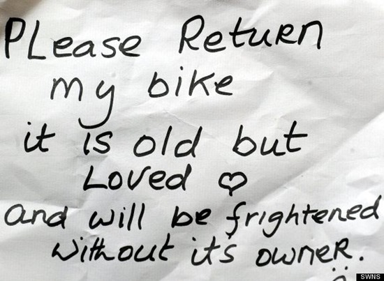 The note left by Eileen - Nurse Eileen Remedios, who had her bike stolen.  She put a note out saying she'd like it back and a couple of days later a note apologising appeared which had a key for a bike lock and the bike chanied up nearby.  See SWNS story SWNOTE.  A cyclist who wrote a note pleading for the thief who stole her bicycle to return it was stunned when it was given back - along with a written APOLOGY.  Nurse Eileen Remedios, 55, stuck her letter to a lamppost close to the spot where her trusty old bicycle was stolen during a visit to patient's home.  To her disbelief the next day she found a regretful apology from the reformed thief under the mat of the home she had visited.Two keys were stuffed inside the old Christmas card and her bike was attached to a nearby lamppost - with a brand-new lock.  Baffled Eileen, of Brighton, East Sussex, said: "It really has restored my faith in humanity”